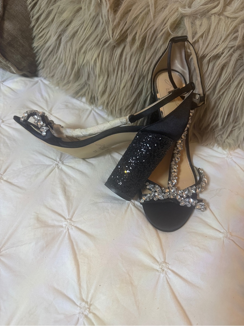 Badgley Mischka Black Crystal-Embellished Block Heel Sandals